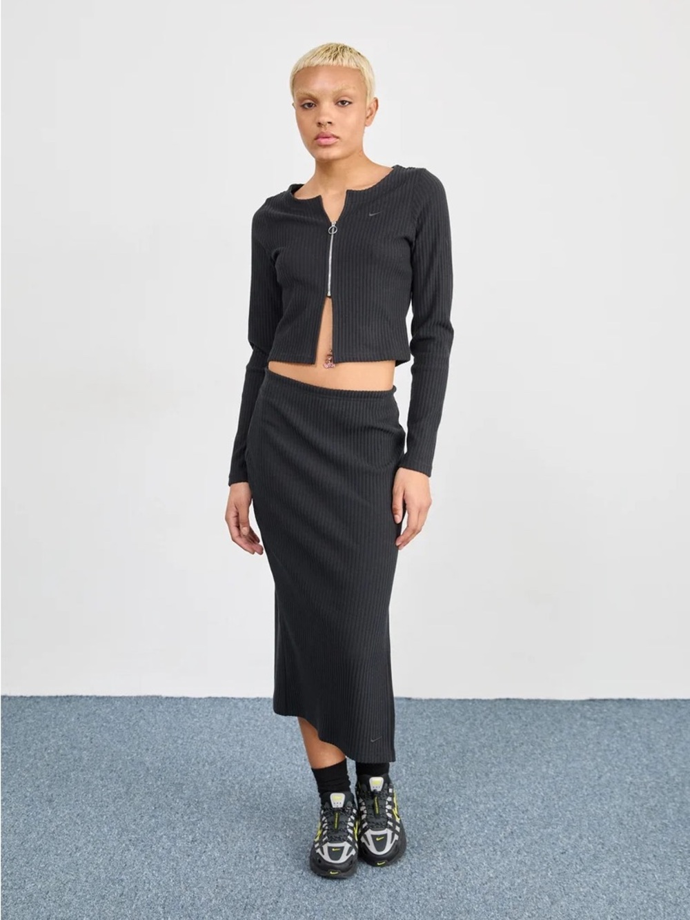 Nike Black Top and Ribbed Midi Skirt set  - Sleek Everyday Style